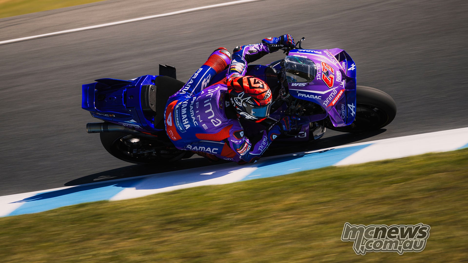 Augusto Fernandez leans his purple number 7 Pramac Yamaha through a corner at Phillip Island.