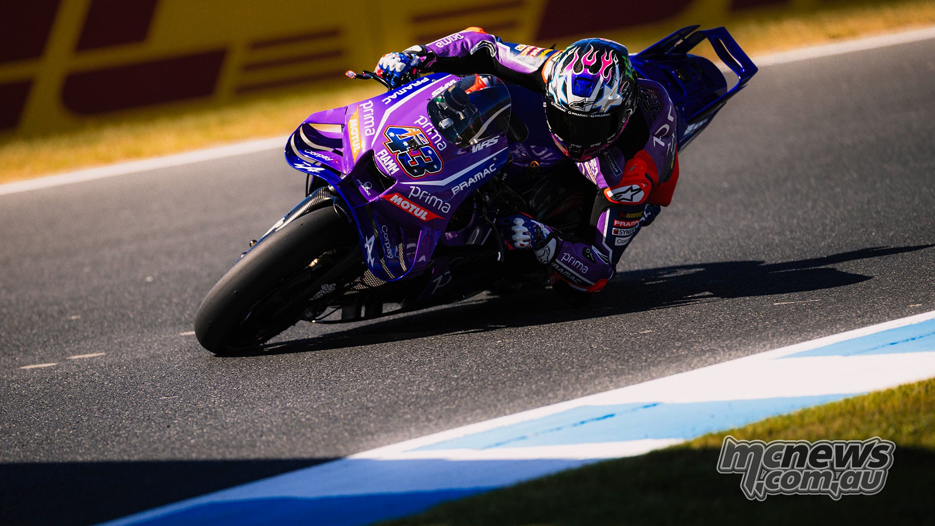 Jack Miller leans his purple number 43 Pramac Yamaha through a corner at Phillip Island.
