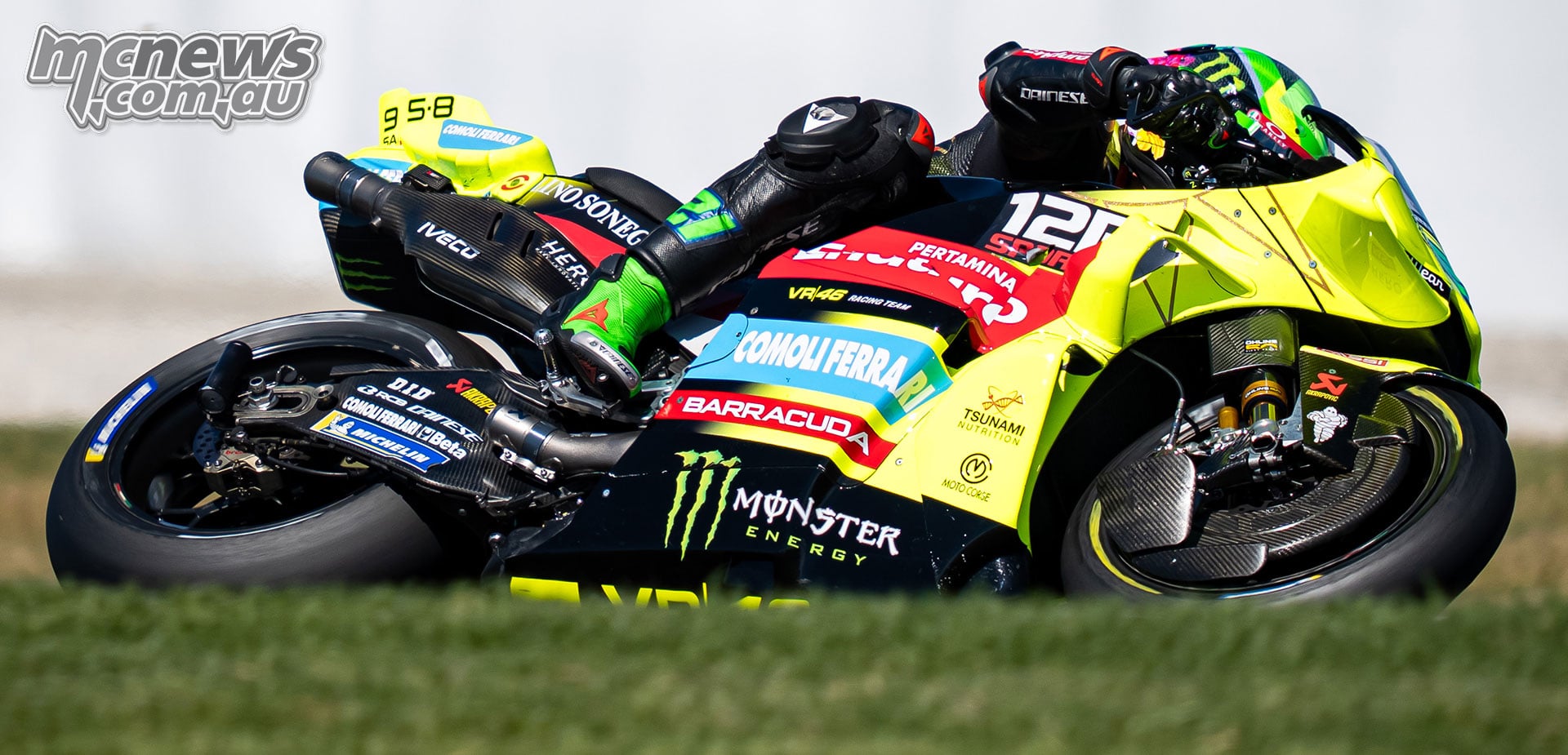 Franco Morbidelli leans his fluorescent yellow VR46 Ducati through a corner at Phillip Island.