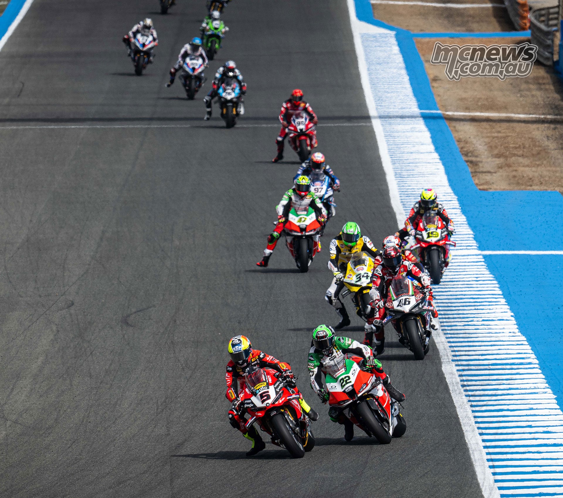 Yari Montella on number 5 Ducati leads Alex Lowes on number 22 bimota and Tommy Bridewell on number 46 Ducati during WorldSBK Race One at Jerez