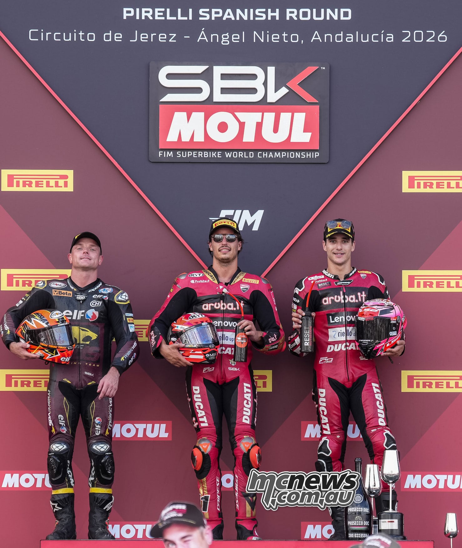 WorldSBK Jerez Race One podium with Sam Lowes on the left, winner Nicolò Bulega in the centre and Iker Lecuona on the right