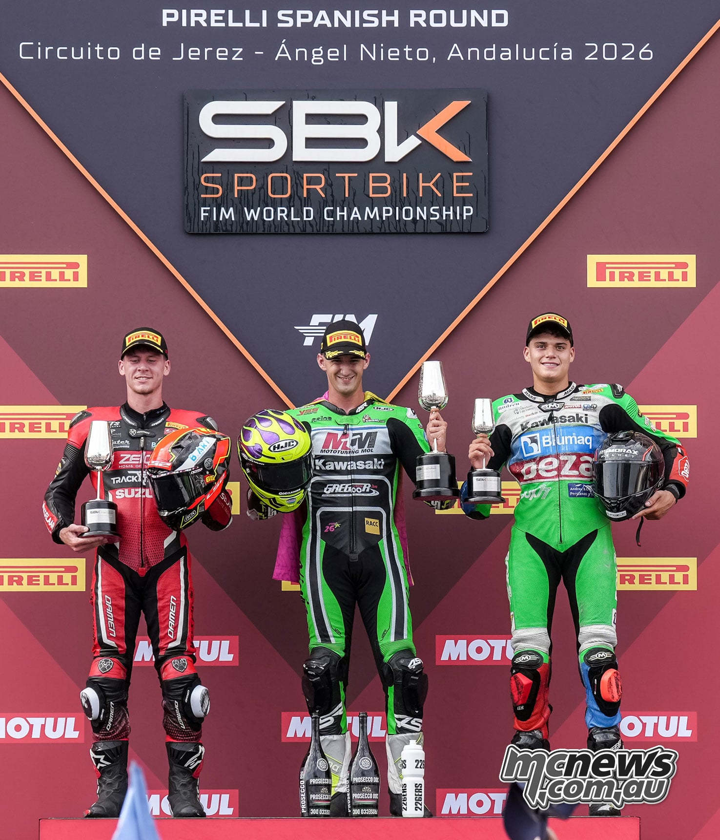WorldSPB Race One podium at Jerez with Ferre Fleerackers second on the left, winner Xavi Artigas in the centre and Álvaro Fuertes third on the right