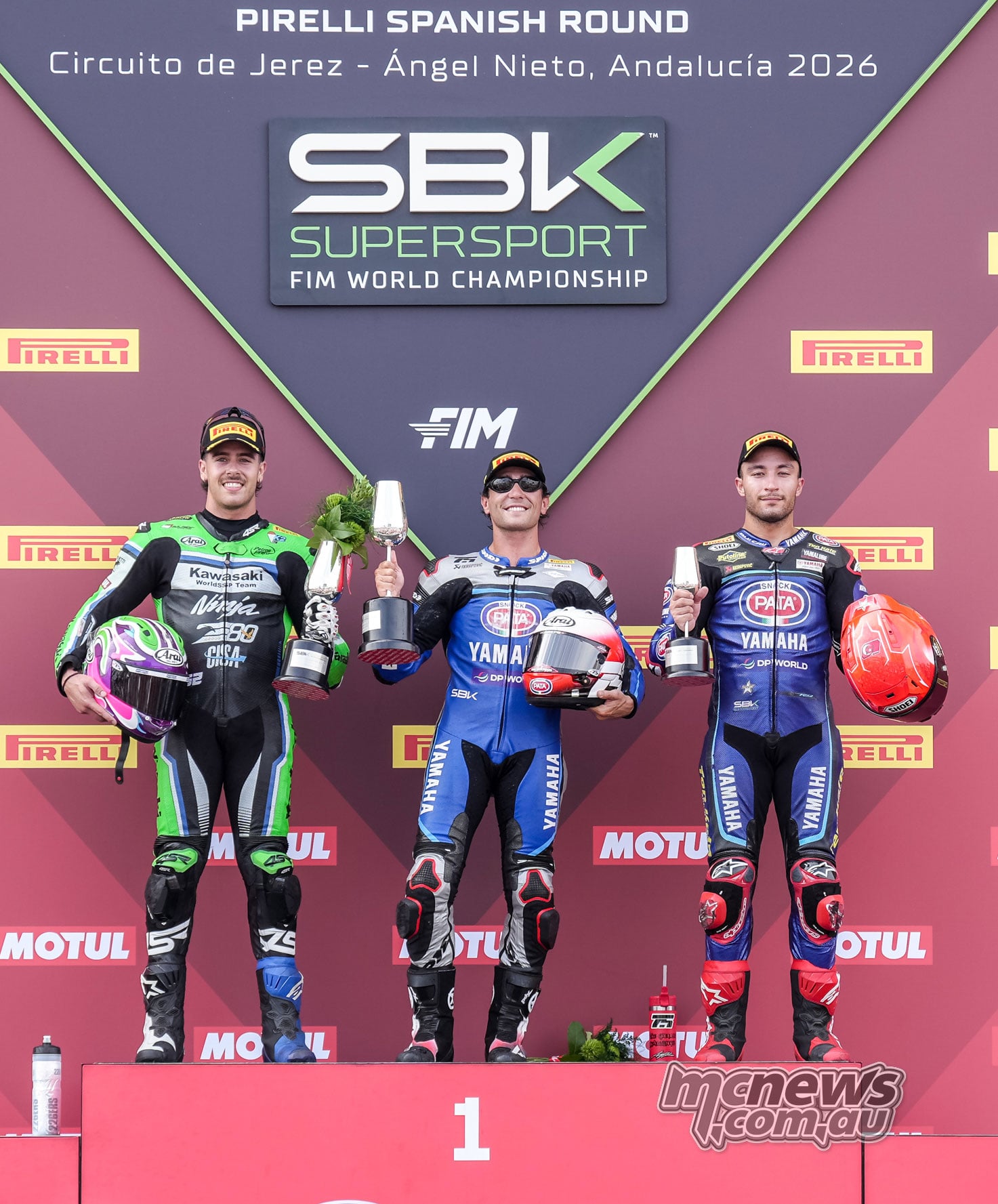 Jerez WorldSSP podium with Jeremy Alcoba on the left, race winner Albert Arenas in the centre and Can Öncü on the right