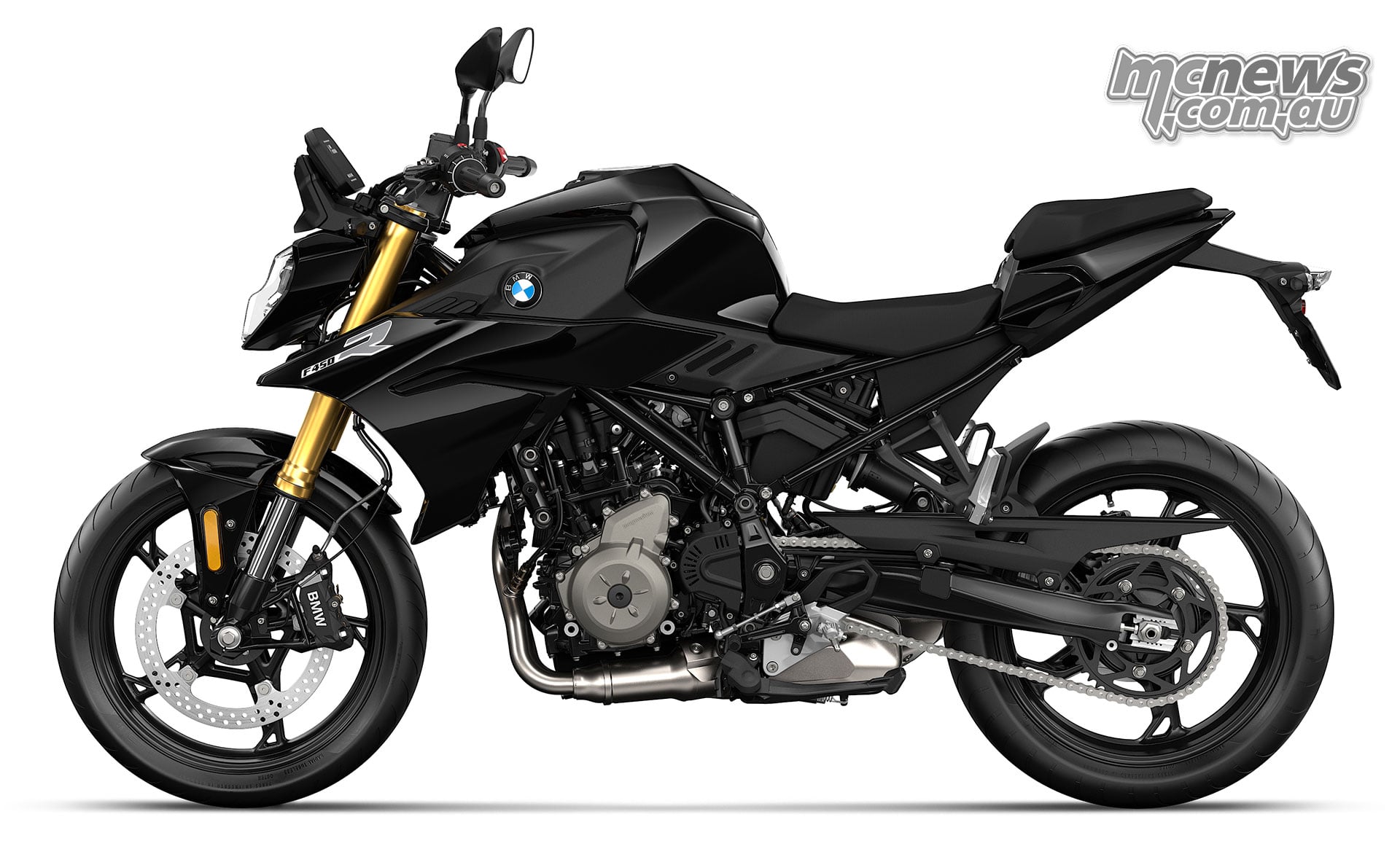 Black 2027 BMW F 450 R shown in left-side profile on a white background.