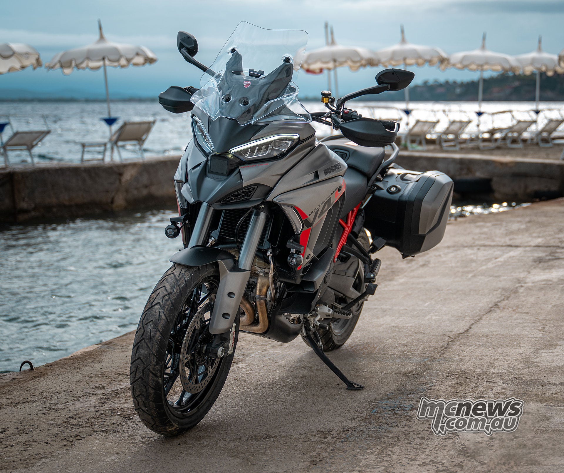 Close-up of the 2027 Ducati Multistrada V4 S Grand Tour fairing, graphics and auxiliary LED light