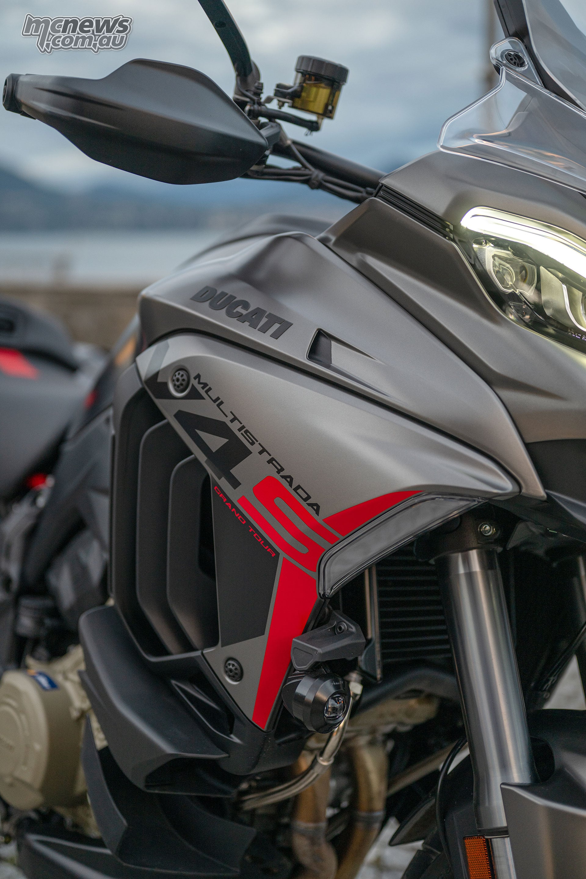 Close-up of the windscreen, headlight and front radar area on the 2027 Ducati Multistrada V4 S Grand Tour