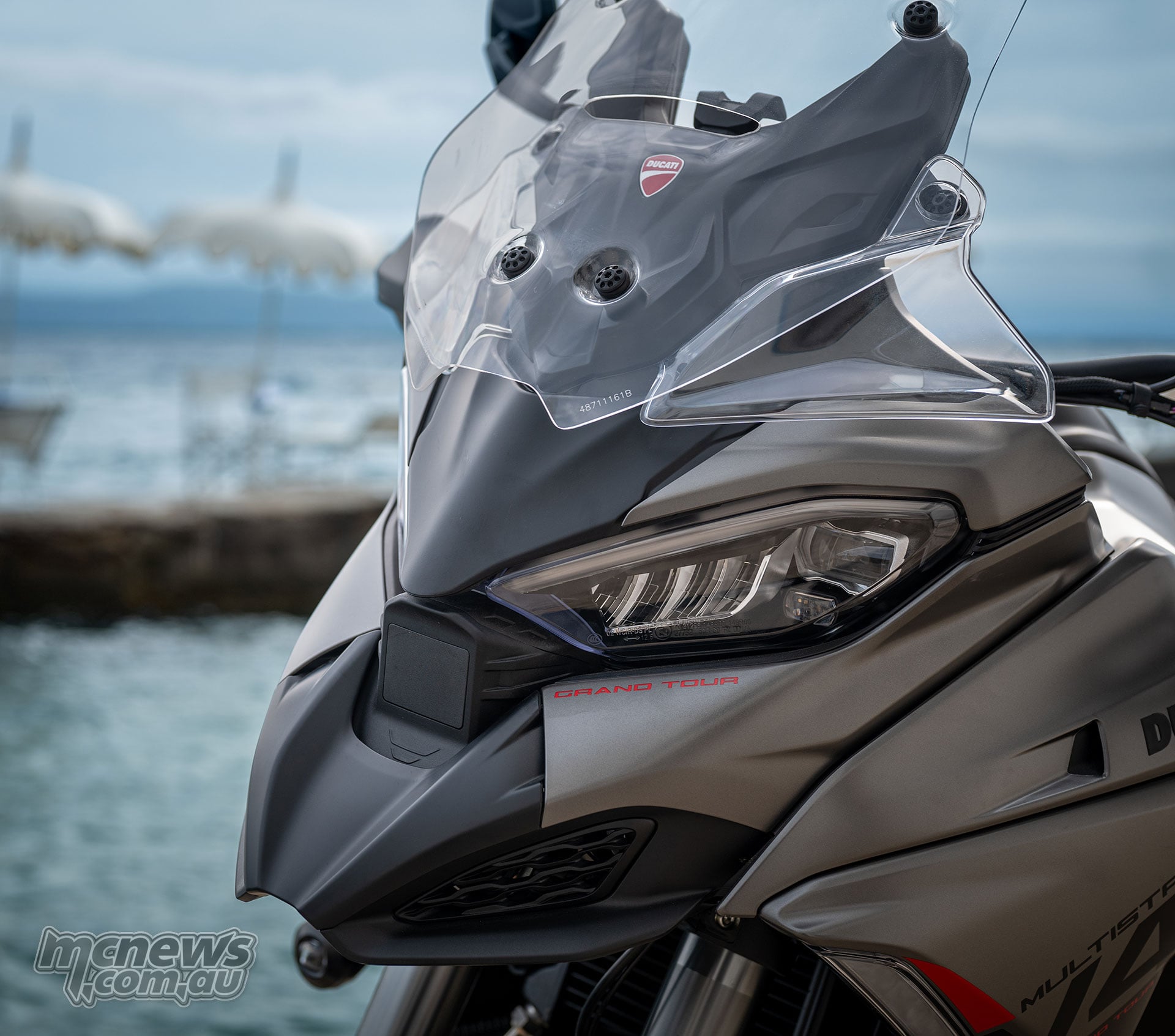 Close-up of Multistrada V4 S Grand Tour graphics on the side fairing