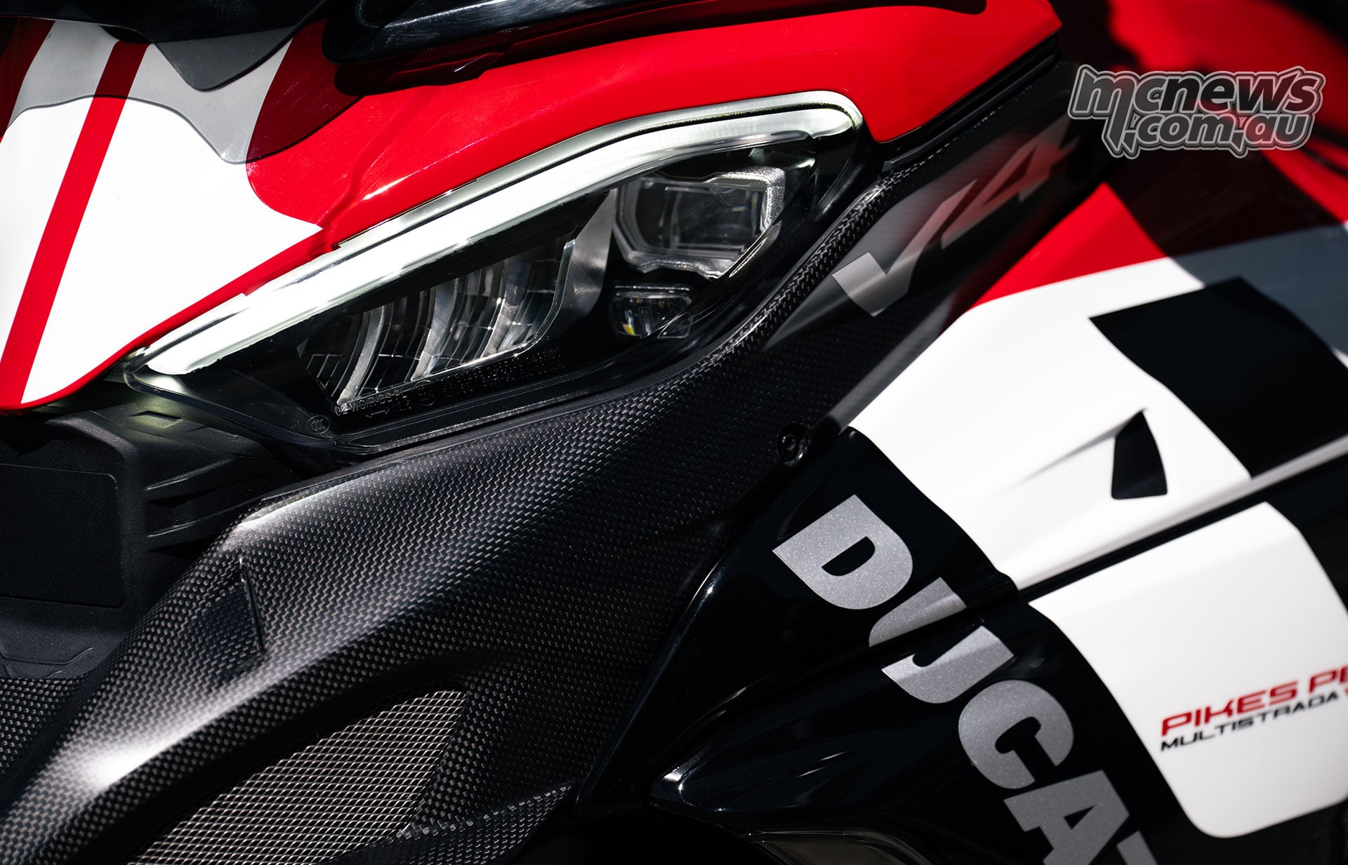 2027 Ducati Multistrada V4 Pikes Peak headlight and new red white and black livery detail