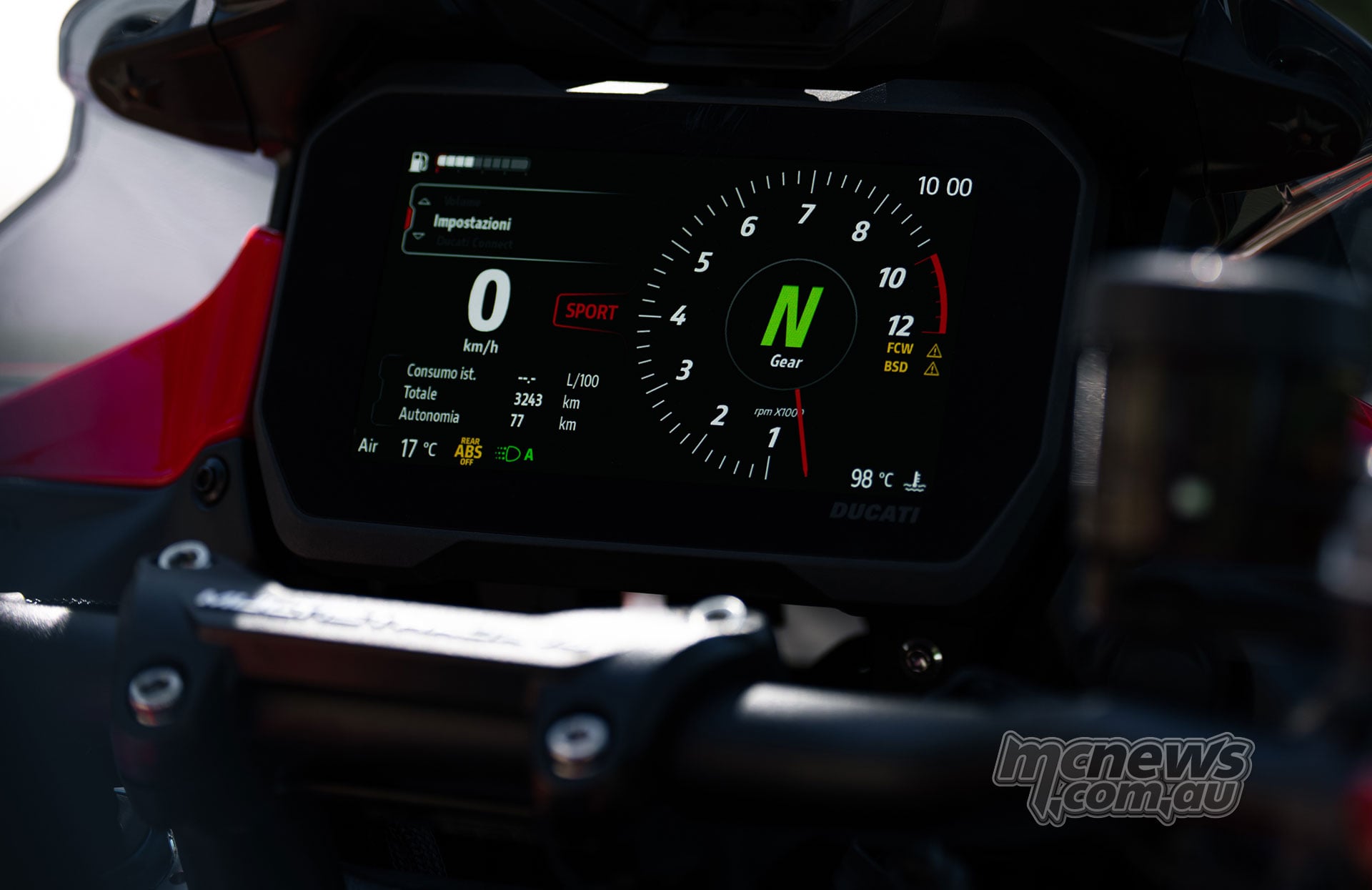 6.5 inch TFT dashboard on 2027 Ducati Multistrada V4 Pikes Peak showing Sport riding mode and radar warning functions