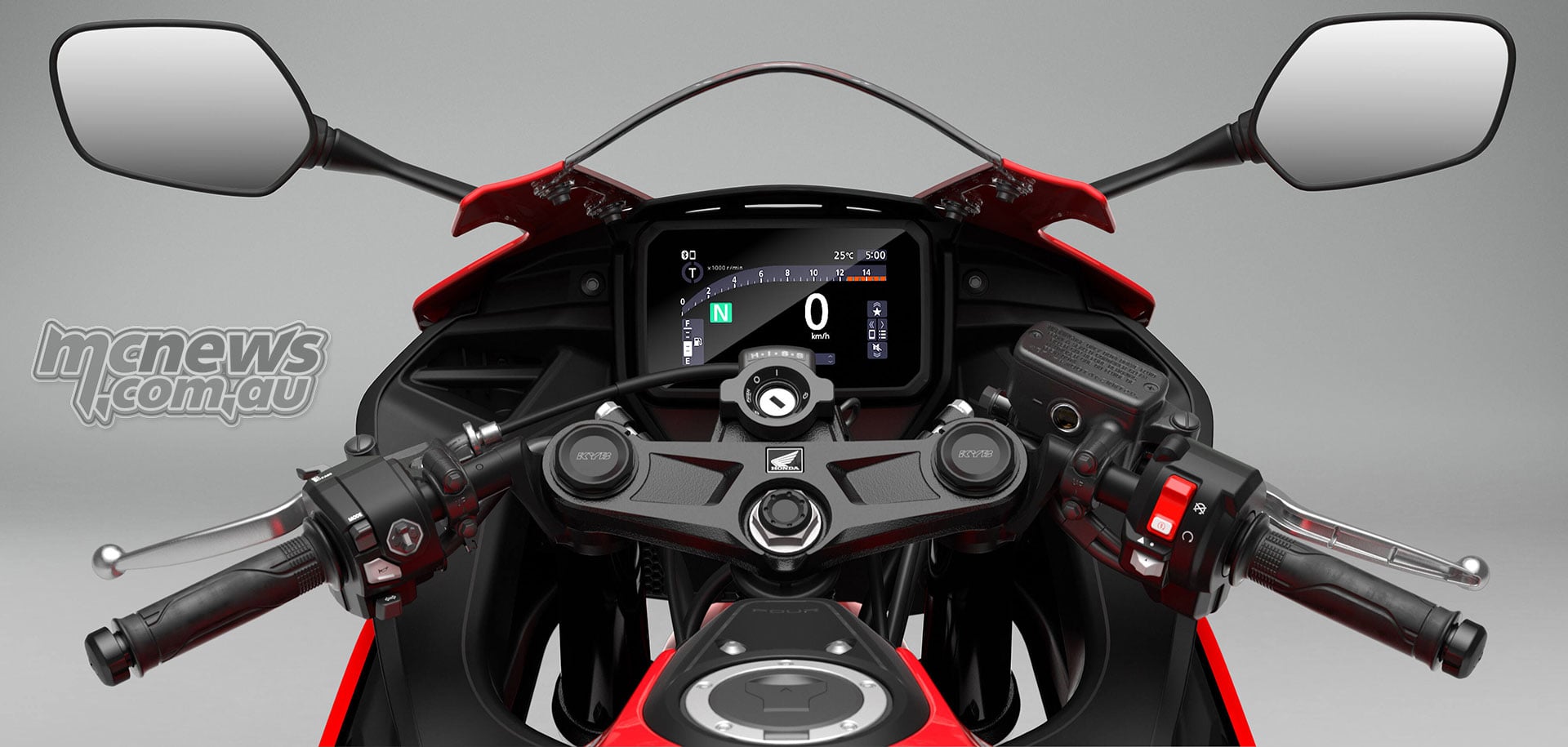 Rider view of the 2027 Honda CBR500R FOUR cockpit showing the TFT display, clip-on handlebars, mirrors and switchgear