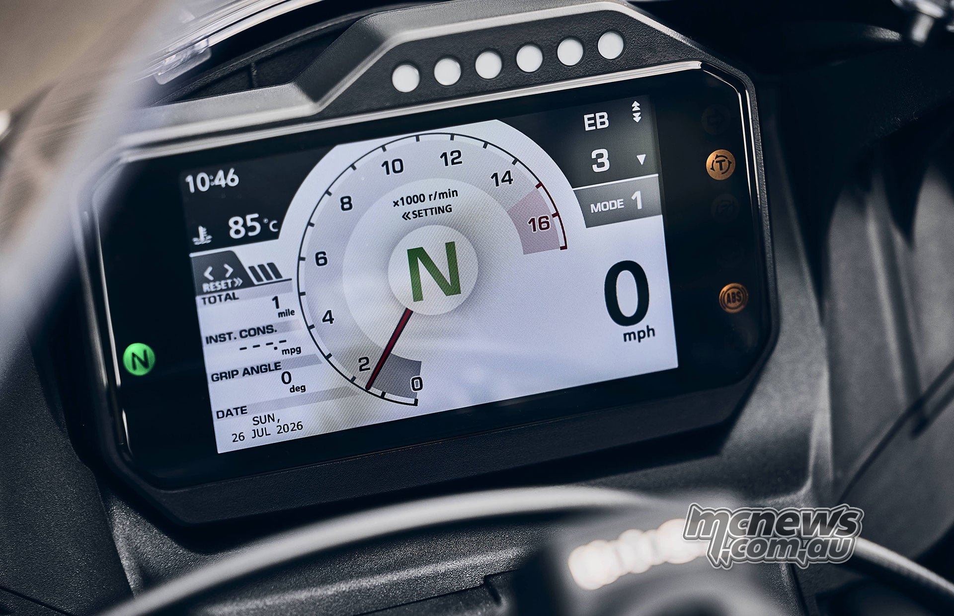 Close-up of the 2027 Honda CBR600RR TFT displaying a tachometer, neutral indicator, riding mode and engine-braking setting