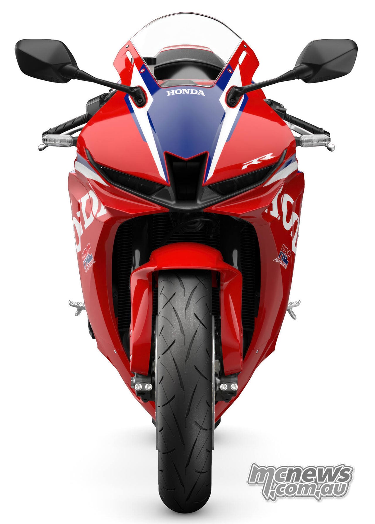 Direct front studio view of the red, blue and white 2027 Honda CBR600RR with mirrors and indicators fitted