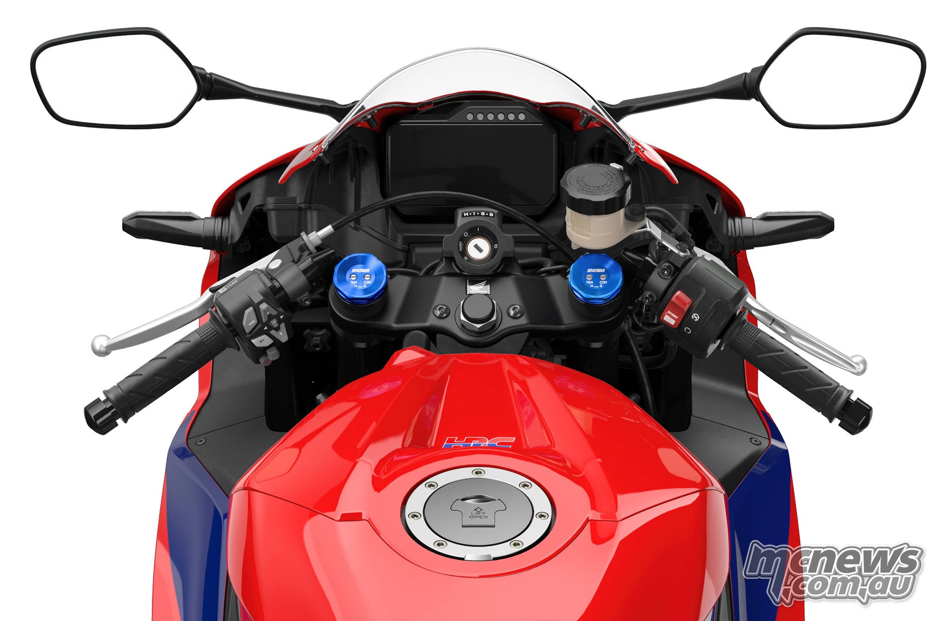 Rider view of the red 2027 Honda CBR600RR cockpit showing the TFT display, clip-on handlebars and blue fork adjusters