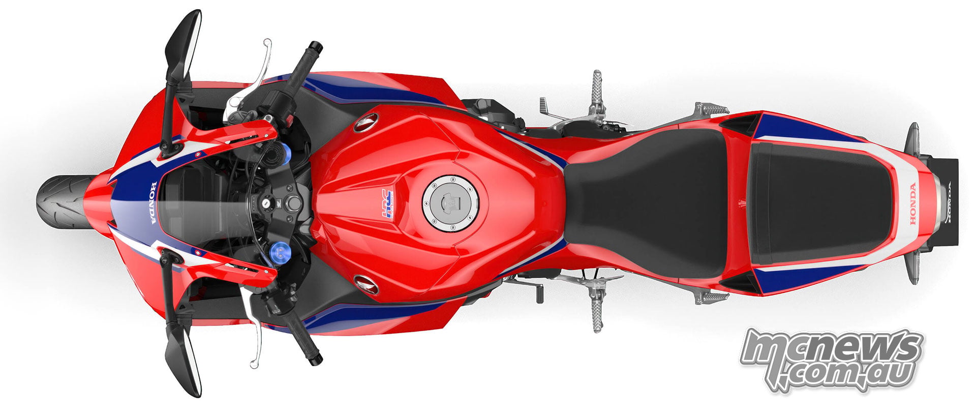 Overhead studio view of the red 2027 Honda CBR600RR showing the fuel tank, cockpit and separate rider and pillion seats