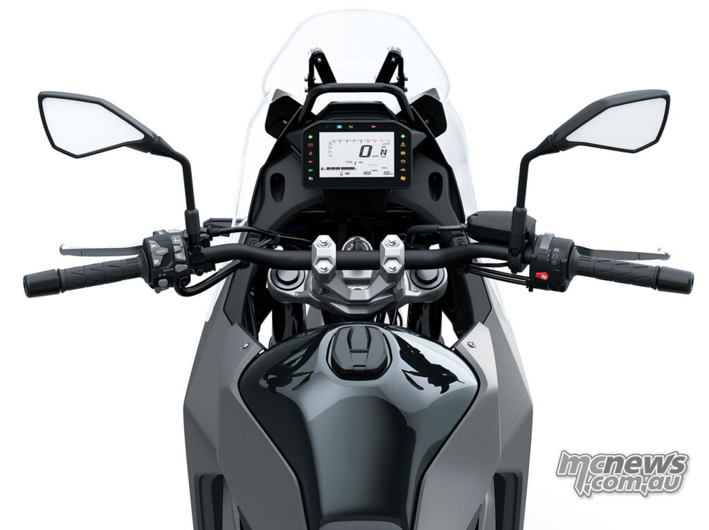 Rider's view of the standard Kawasaki KLE650 cockpit, LCD dashboard, mirrors and windscreen.