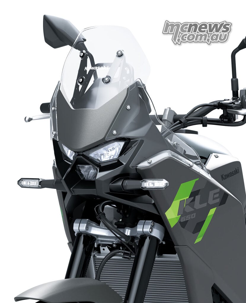 Front cowl, LED headlight, indicators and windscreen of the grey 2027 Kawasaki KLE650.