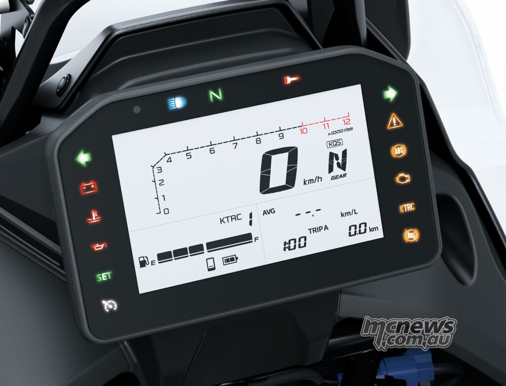 Close-up of the Kawasaki KLE650 LCD dashboard showing the speedometer, tachometer and fuel gauge.