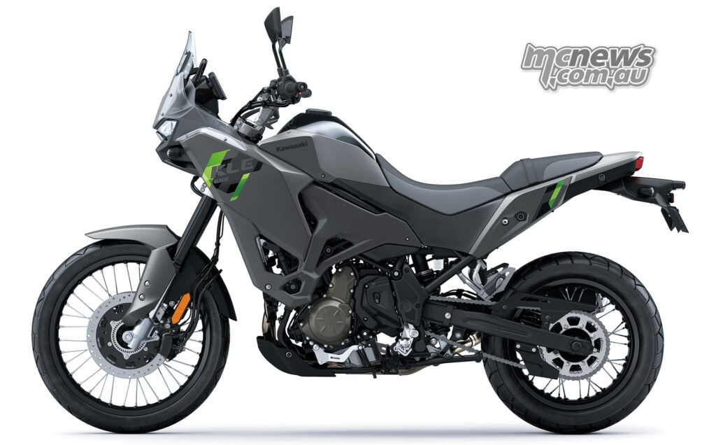 Left-side profile of the grey and green standard 2027 Kawasaki KLE650.