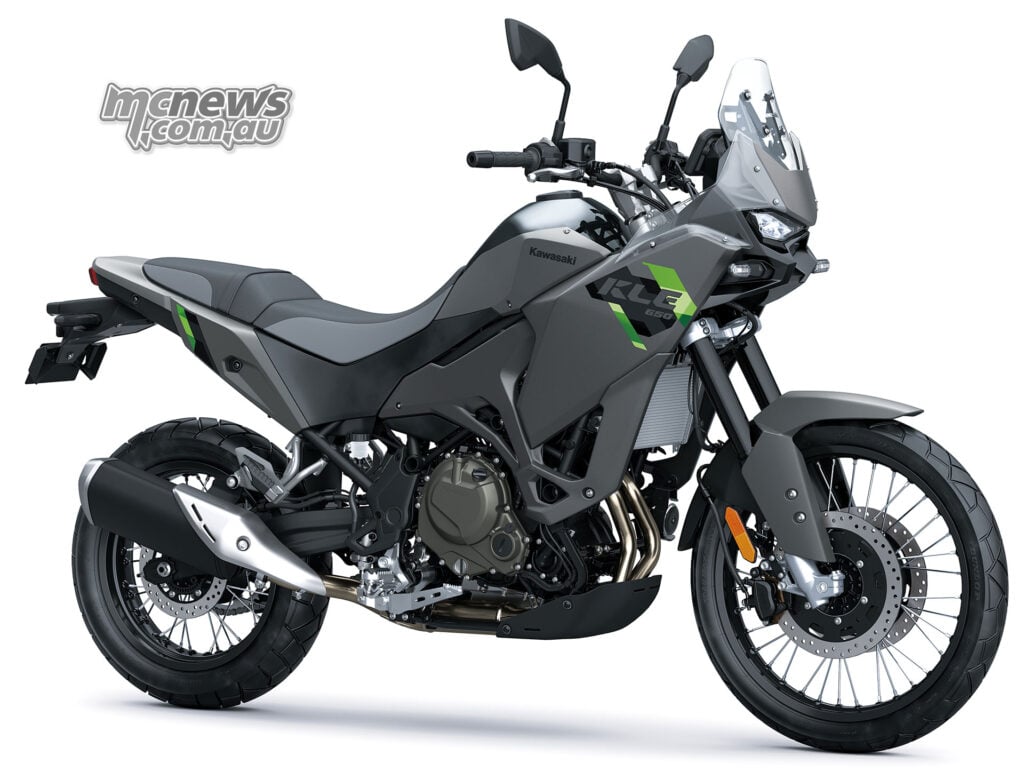 Right-front three-quarter view of the grey and green standard 2027 Kawasaki KLE650.