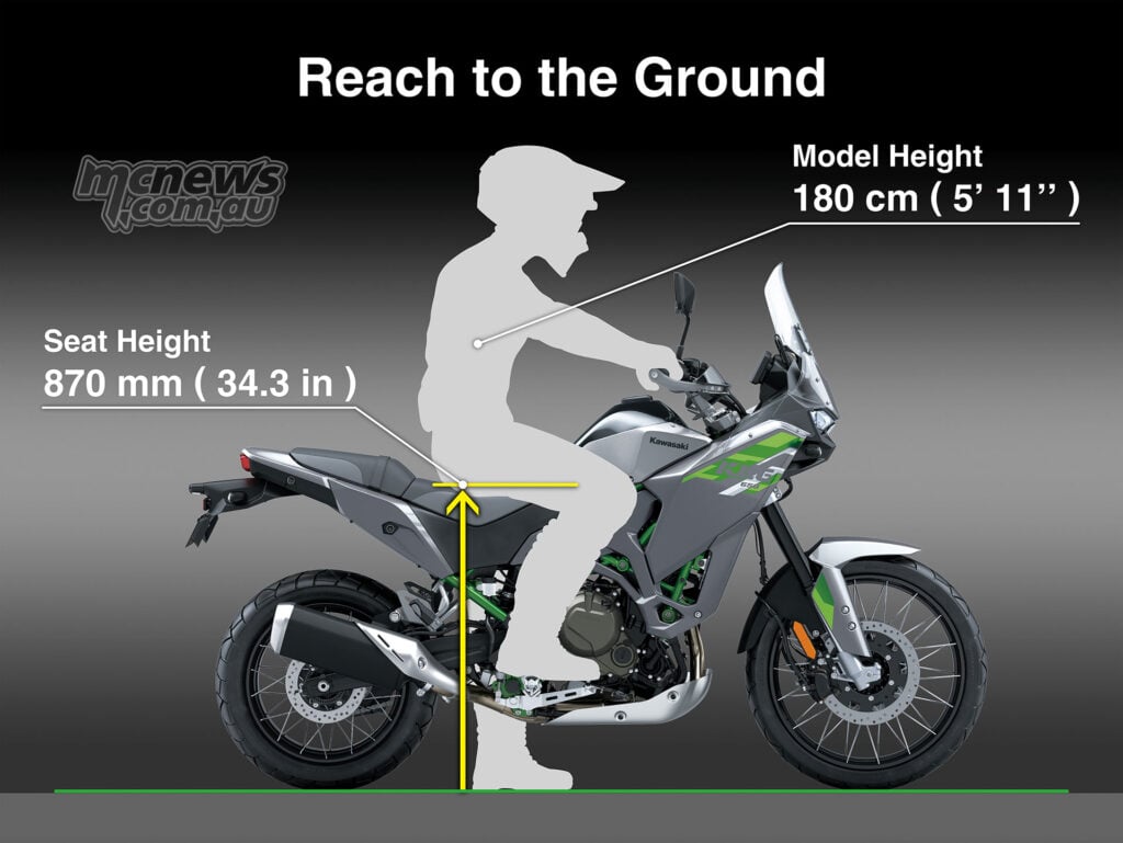 Kawasaki KLE650 seat-height graphic showing a 180 cm rider and an 870 mm seat.