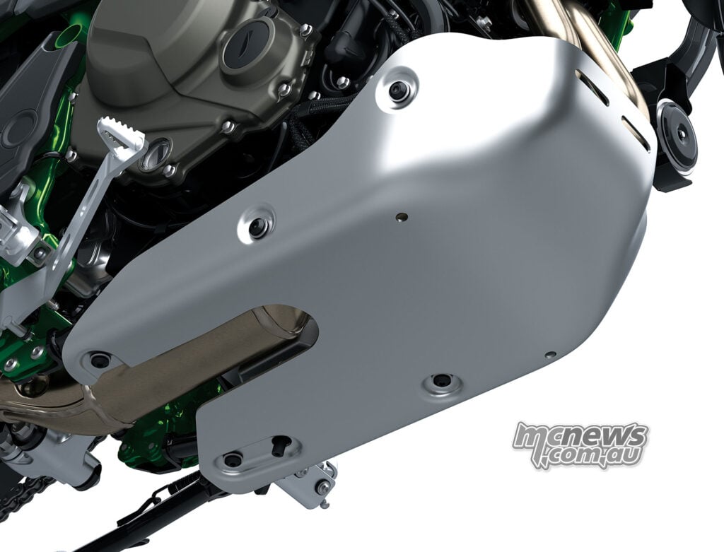 Underside view of the silver aluminium skid plate fitted to the Kawasaki KLE650 SE.