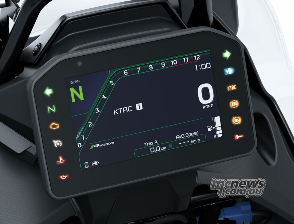 Close-up of the Kawasaki KLE650 SE colour TFT dashboard showing neutral gear, speed and the tachometer.