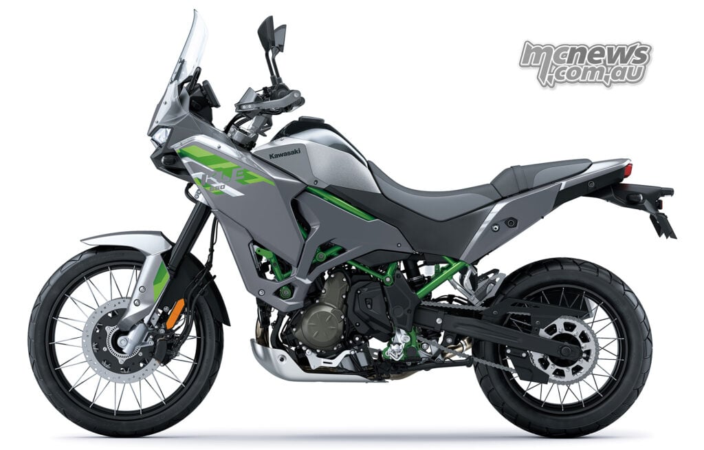 Left-side profile of the grey and green 2027 Kawasaki KLE650 SE.
