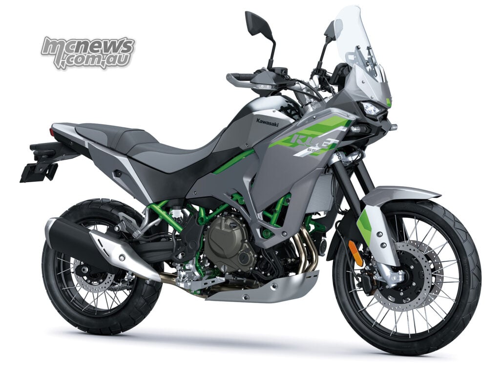 Right-front three-quarter view of the grey and green 2027 Kawasaki KLE650 SE.