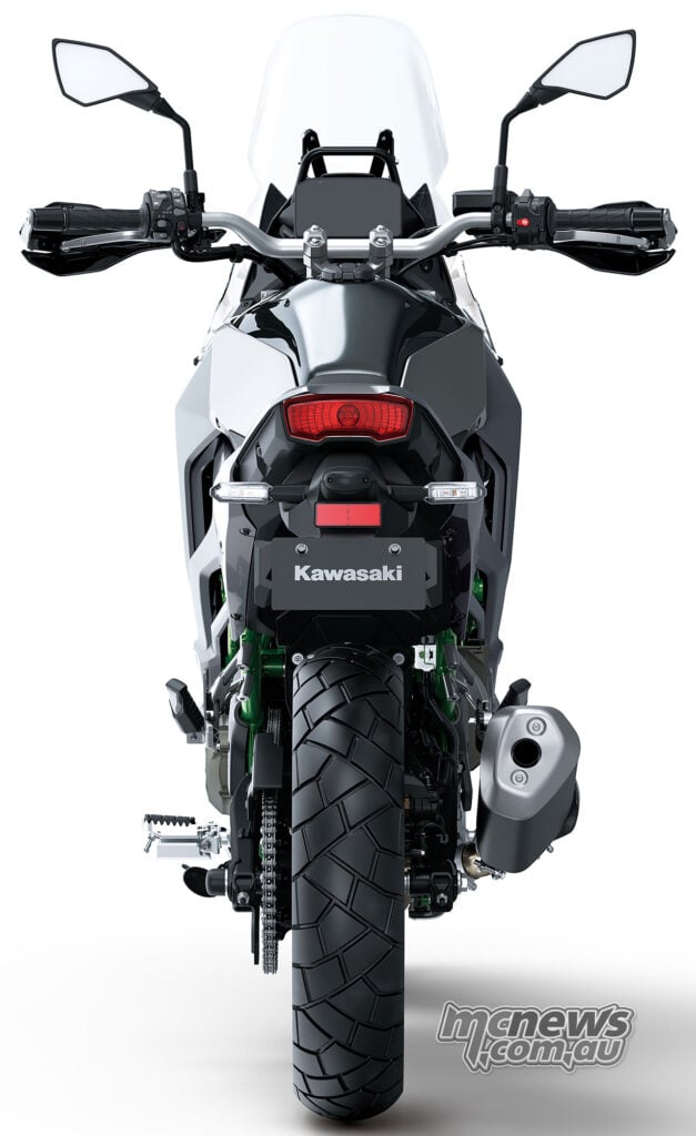 Rear view of the Kawasaki KLE650 SE showing its LED taillight, indicators, rear tyre and exhaust.