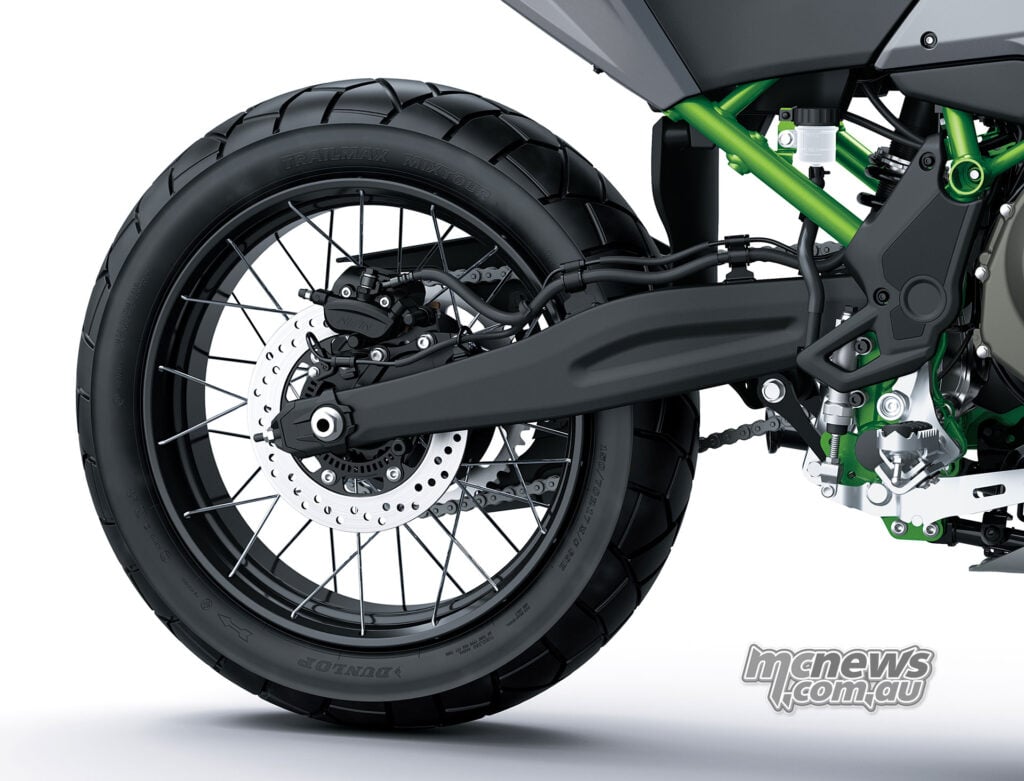 Kawasaki KLE650 SE rear spoked wheel, steel swingarm, brake disc and caliper.