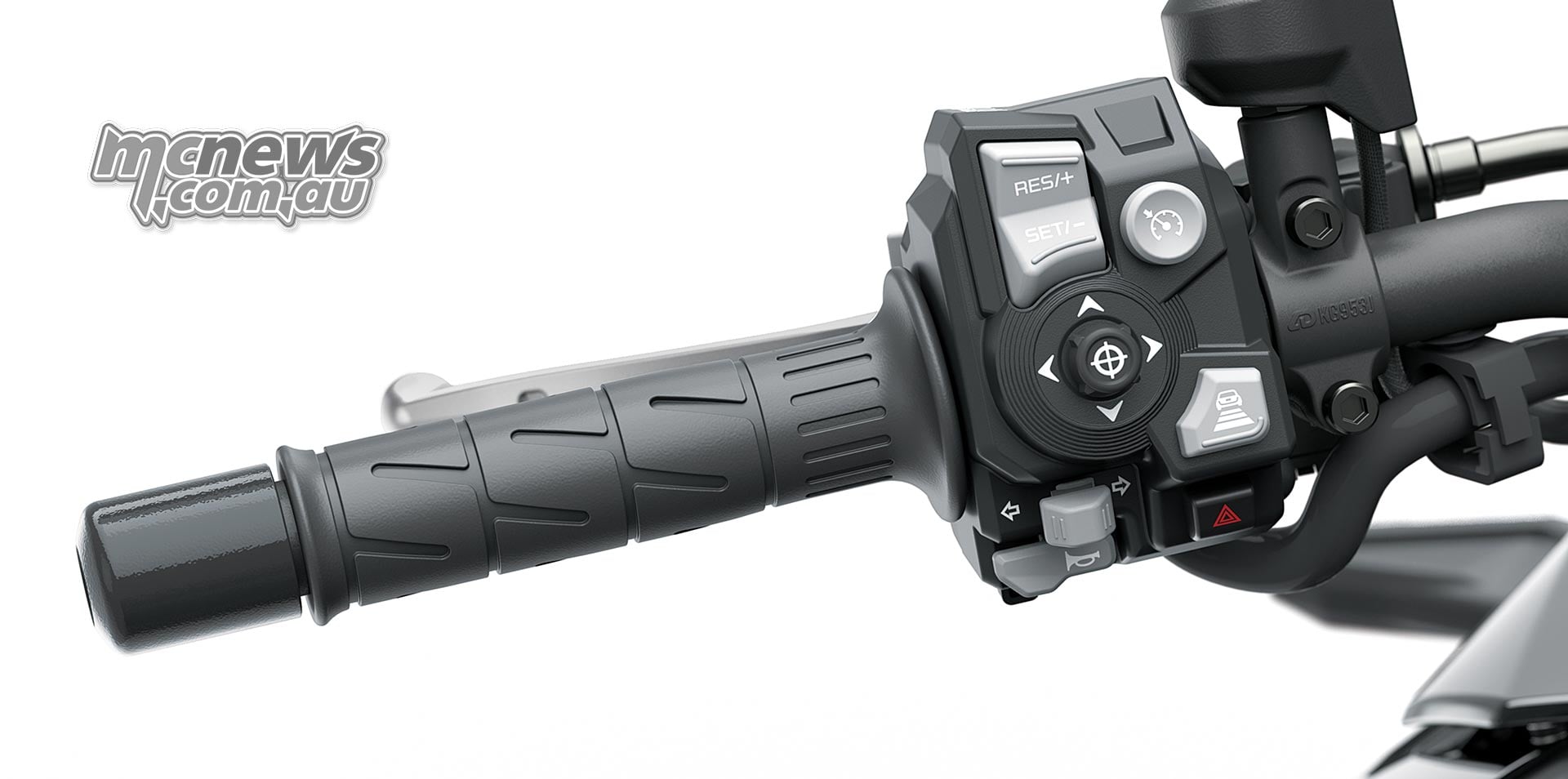 Left handlebar switchgear on the 2027 Kawasaki Versys 900 showing the joystick, cruise switches and following-distance button