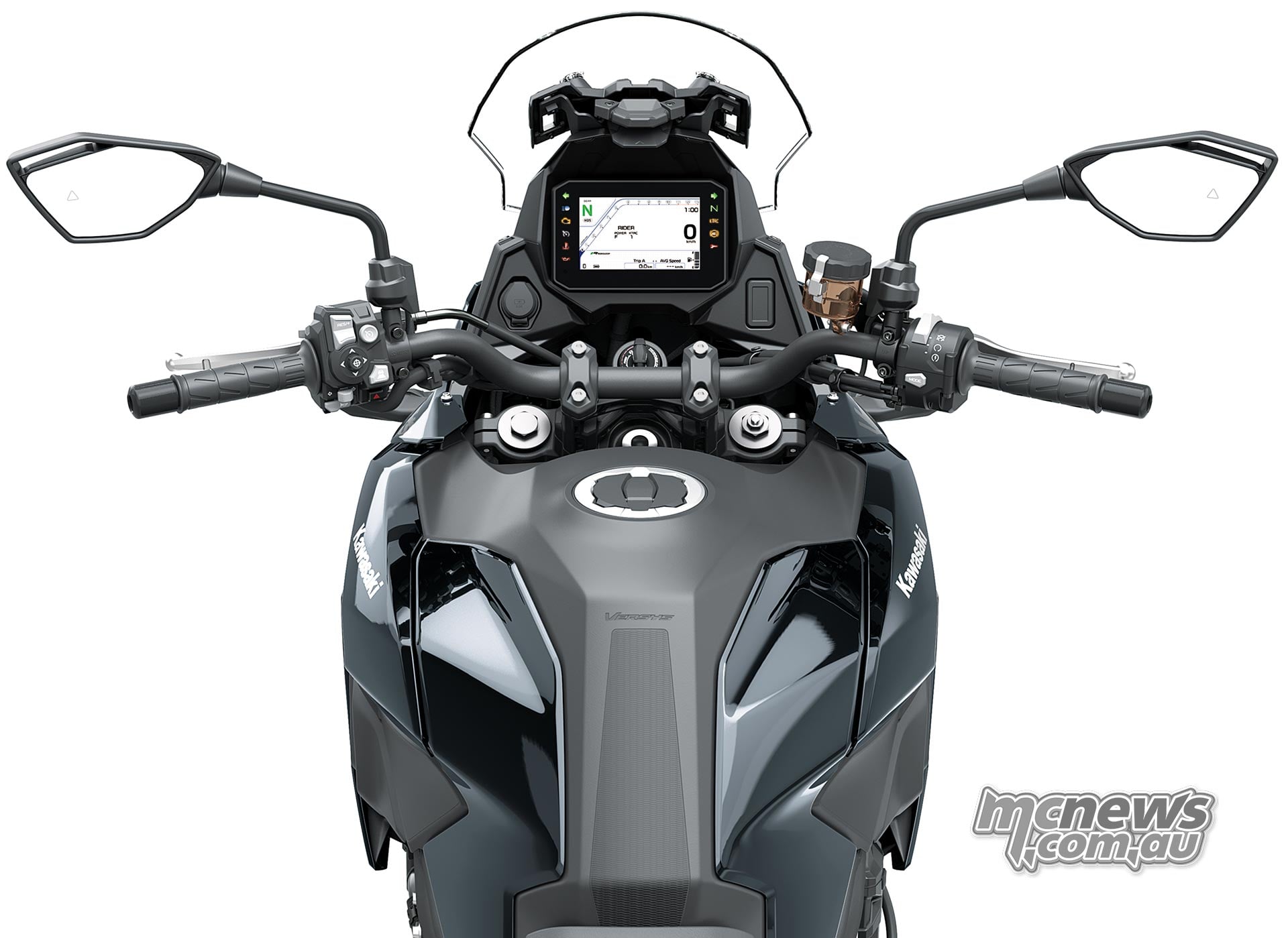 Rider view over the black fuel tank of the standard Kawasaki Versys 900 showing the handlebar, mirrors and TFT display