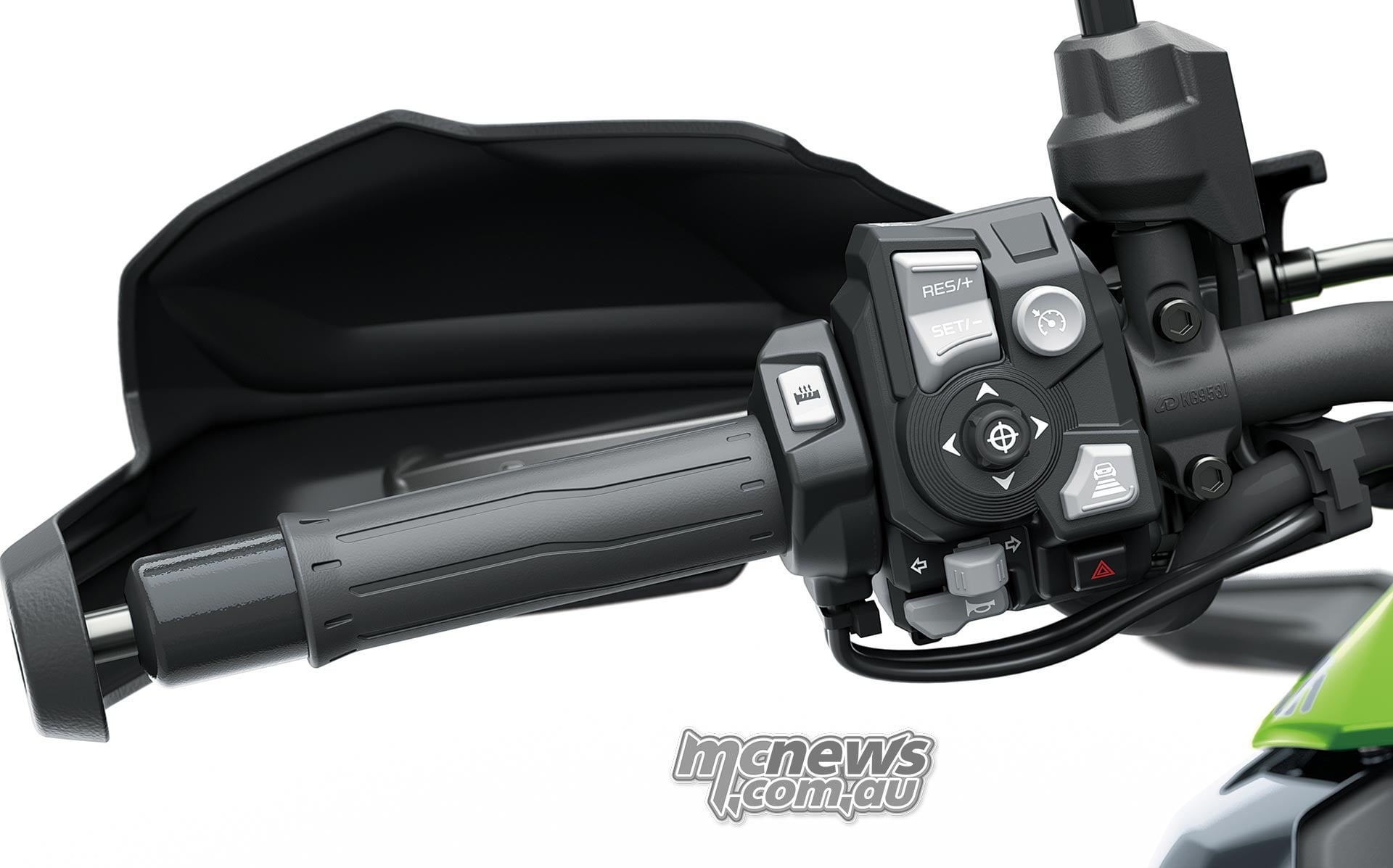 Close-up of the Kawasaki Versys 900 SE left heated grip, heater control, handguard and switchgear