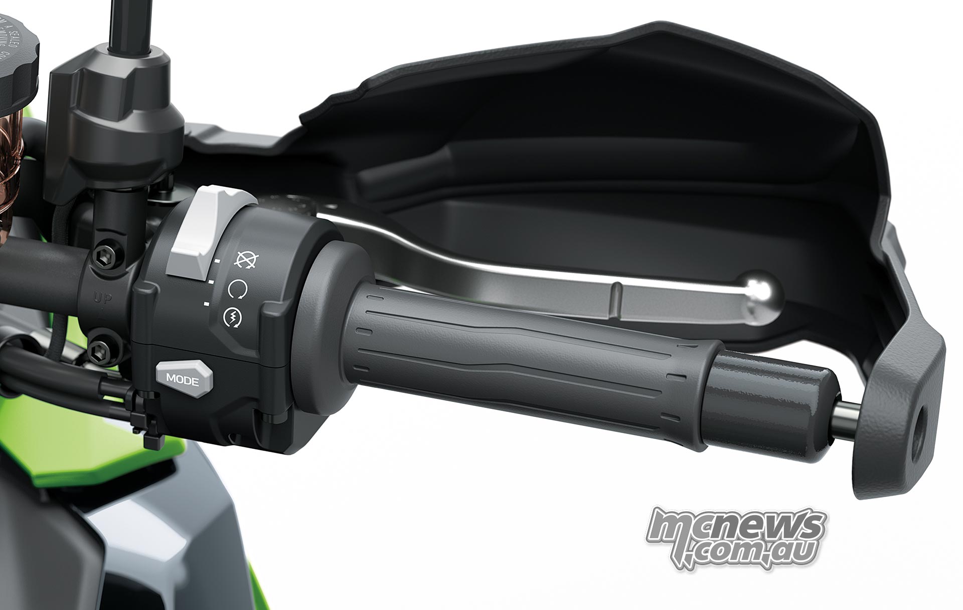 Right handlebar of the Kawasaki Versys 900 SE showing the throttle grip, brake lever, handguard and Mode button