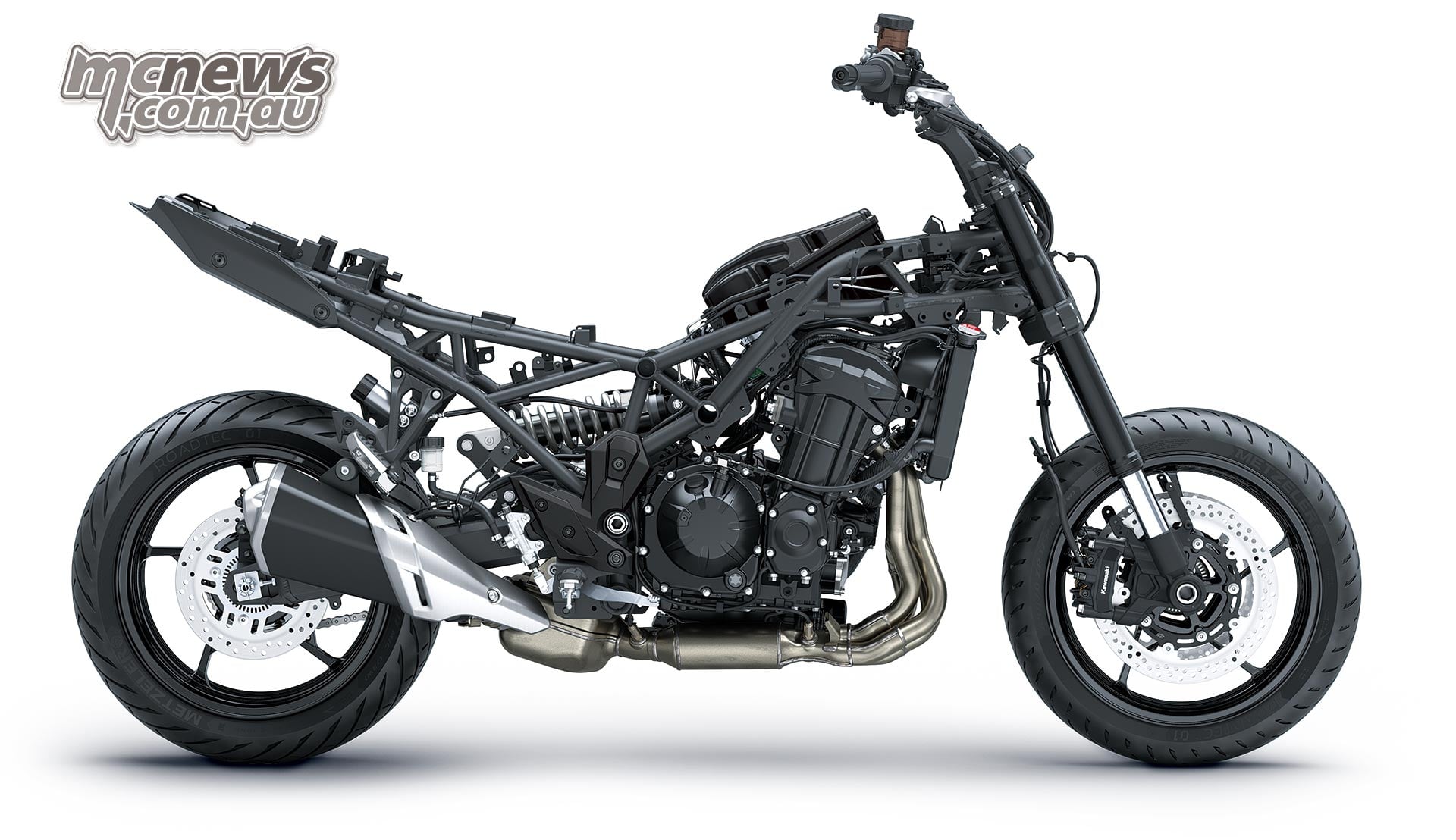 Right-side view of the Kawasaki Versys 900 chassis with the bodywork removed to expose the trellis frame, engine and suspension