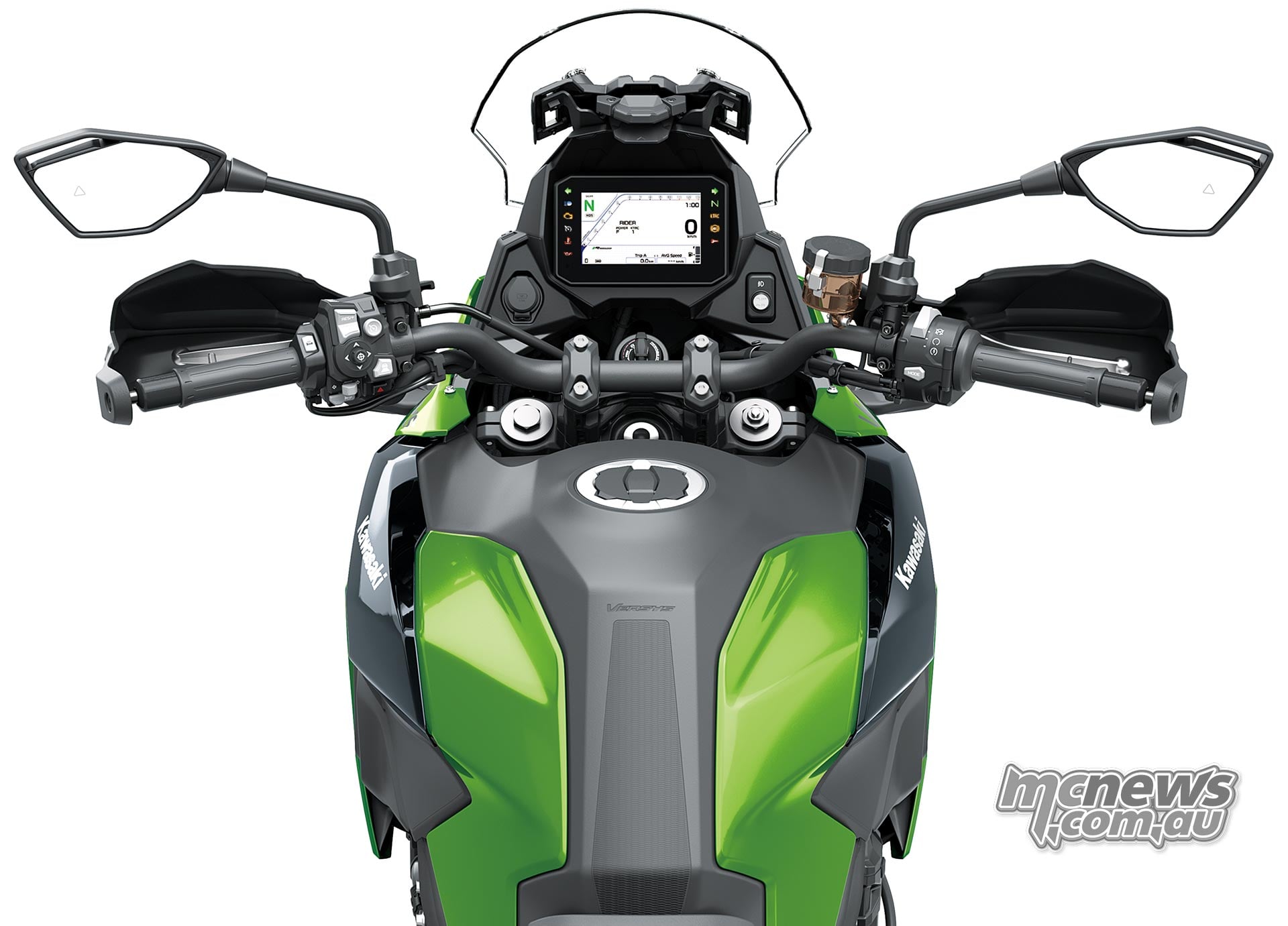 Rider view over the green Kawasaki Versys 900 SE tank showing the handlebar, handguards, mirrors and TFT display