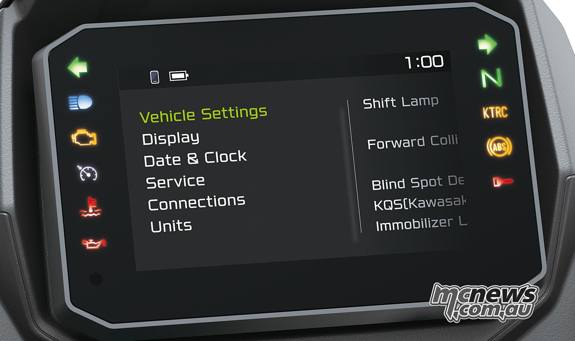 Kawasaki Versys 900 TFT vehicle settings menu showing display, connections and rider-assistance options