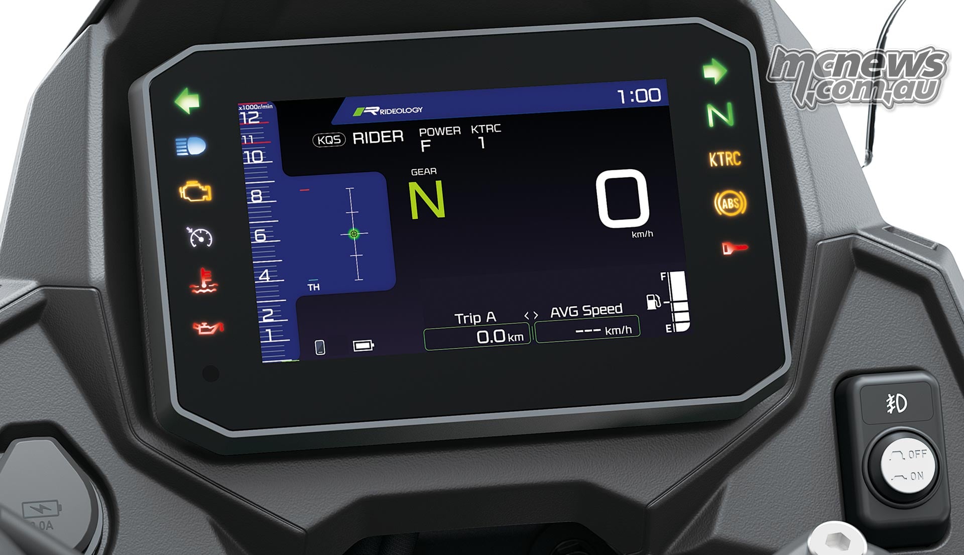 Kawasaki Versys 900 SE TFT in its dark theme showing neutral gear, speed, engine revs and Rider mode settings