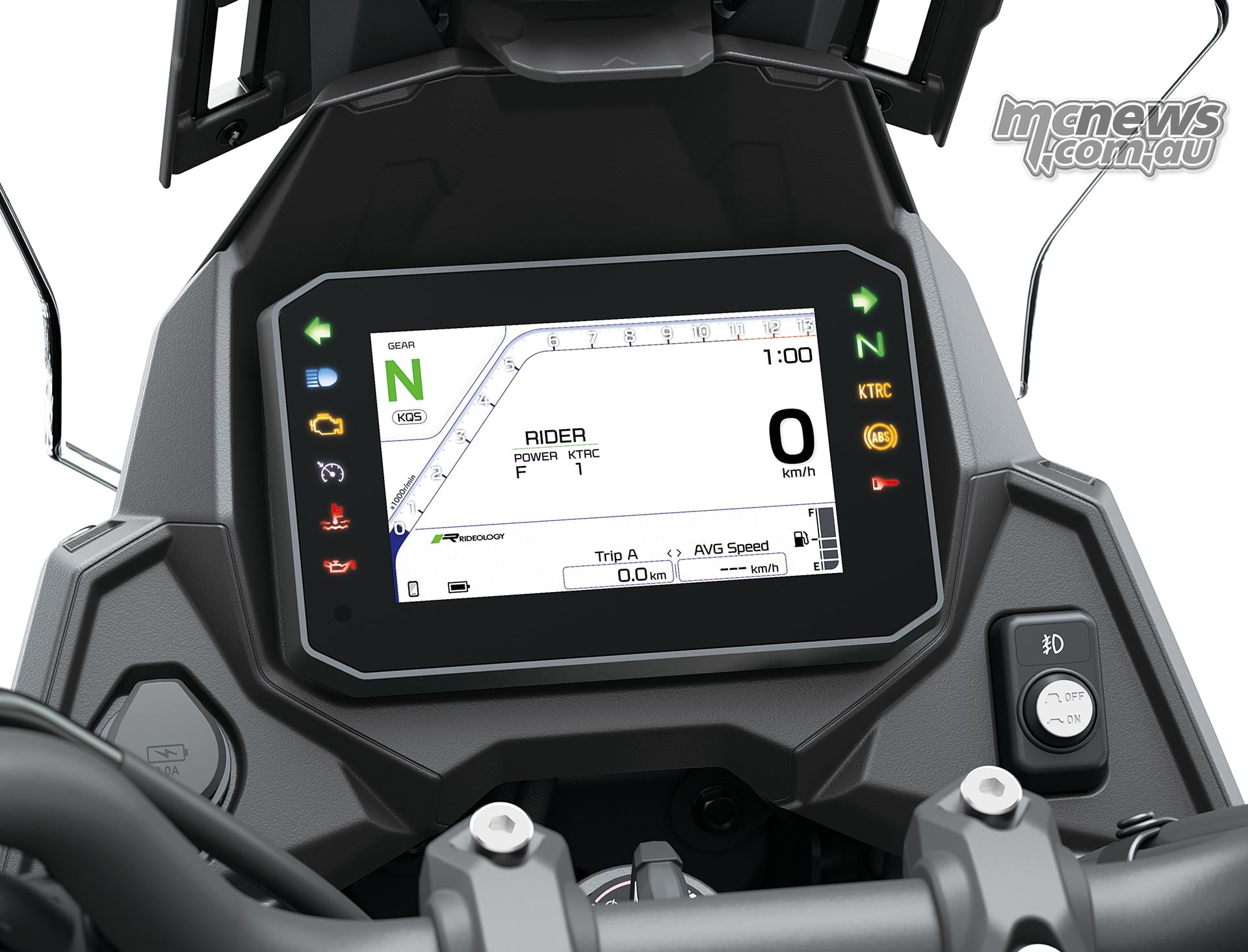 Kawasaki Versys 900 SE TFT in its light theme showing the diagonal tachometer, neutral gear and zero road speed