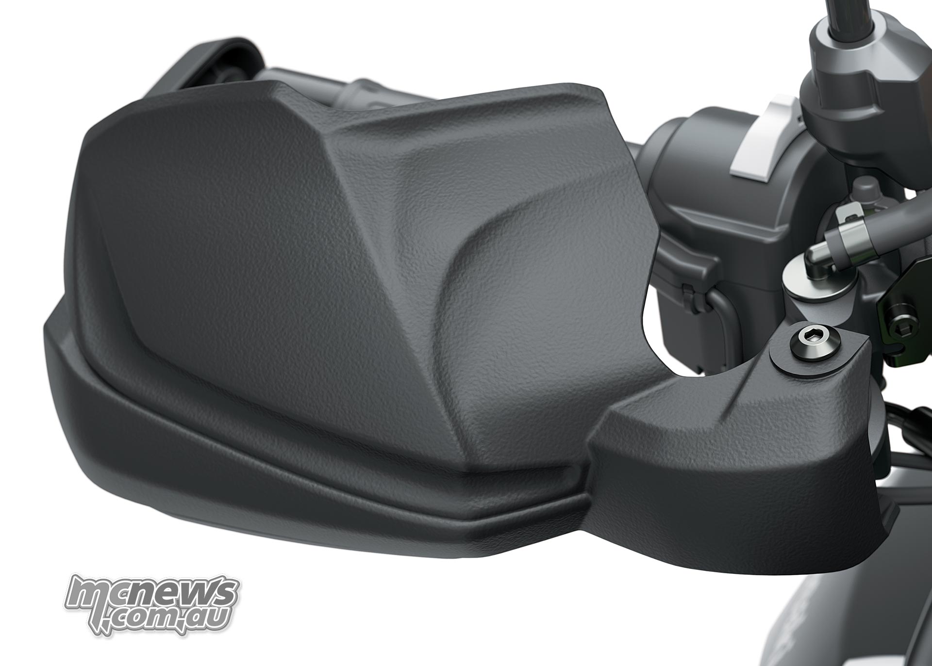 Close-up of the textured black handguard covering the left grip of the Kawasaki Versys 900 SE