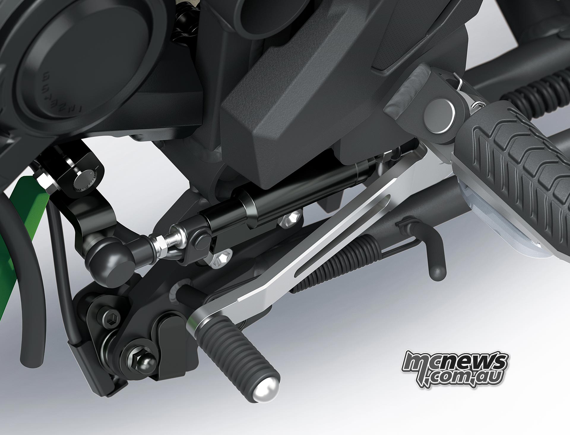 Left footpeg, gear lever and quickshifter linkage on the Kawasaki Versys 900 SE