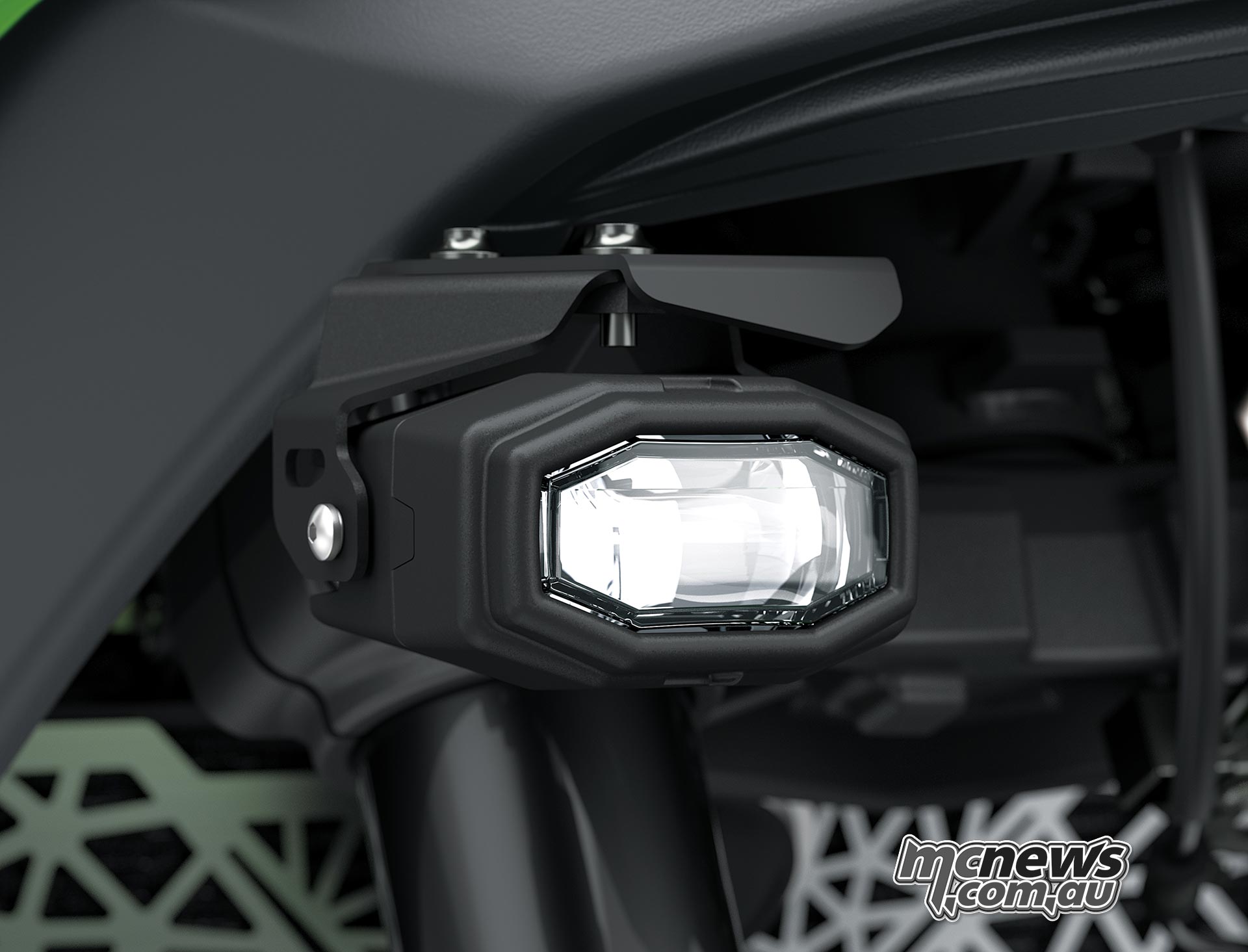 Rectangular LED fog lamp mounted beneath the Kawasaki Versys 900 SE front bodywork above the radiator screen