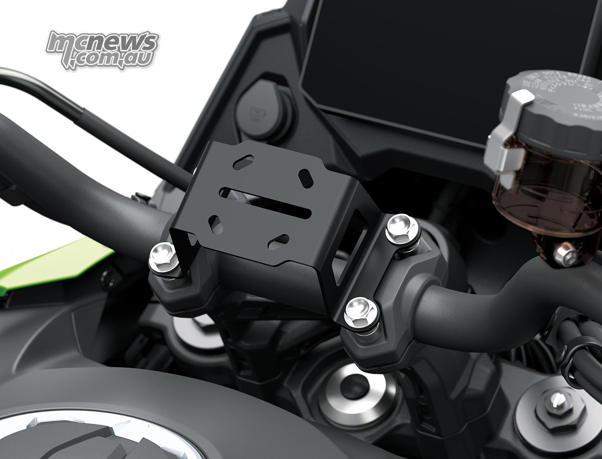 Black slotted navigation device mounting bracket above the Kawasaki Versys 900 SE handlebar clamp