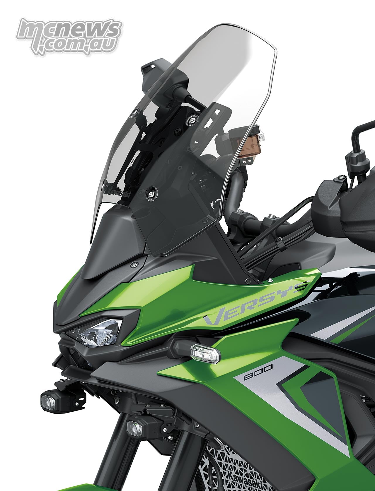 Green Kawasaki Versys 900 SE shown with the taller smoked accessory windscreen