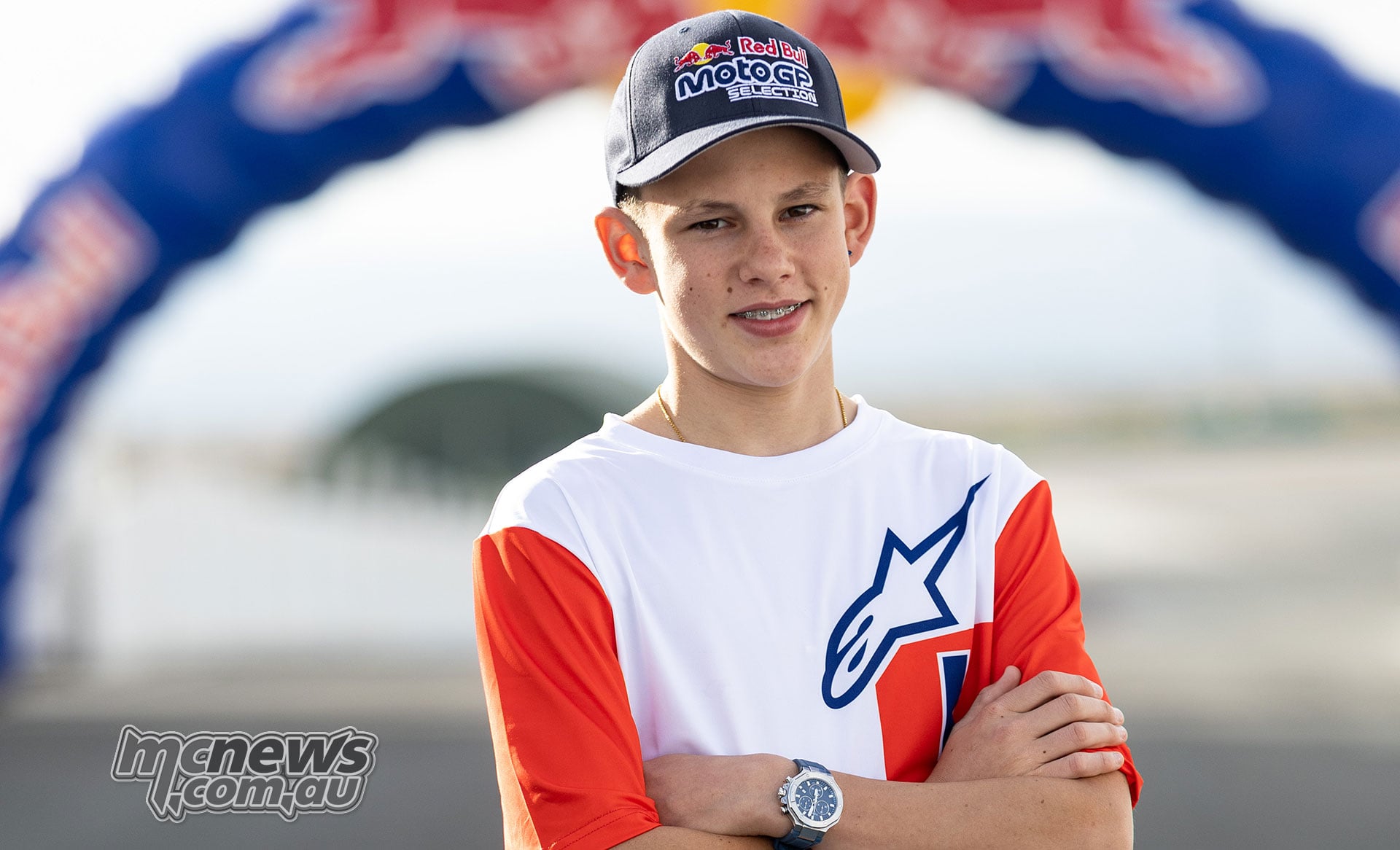 Swiss rider Alessio Arnold wearing a Red Bull MotoGP Selection cap and Alpinestars shirt at Guadix