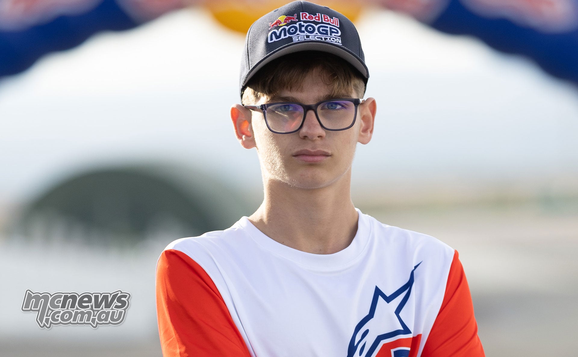 French rider Jimmy Primaut wearing glasses and a Red Bull MotoGP Selection cap at Guadix