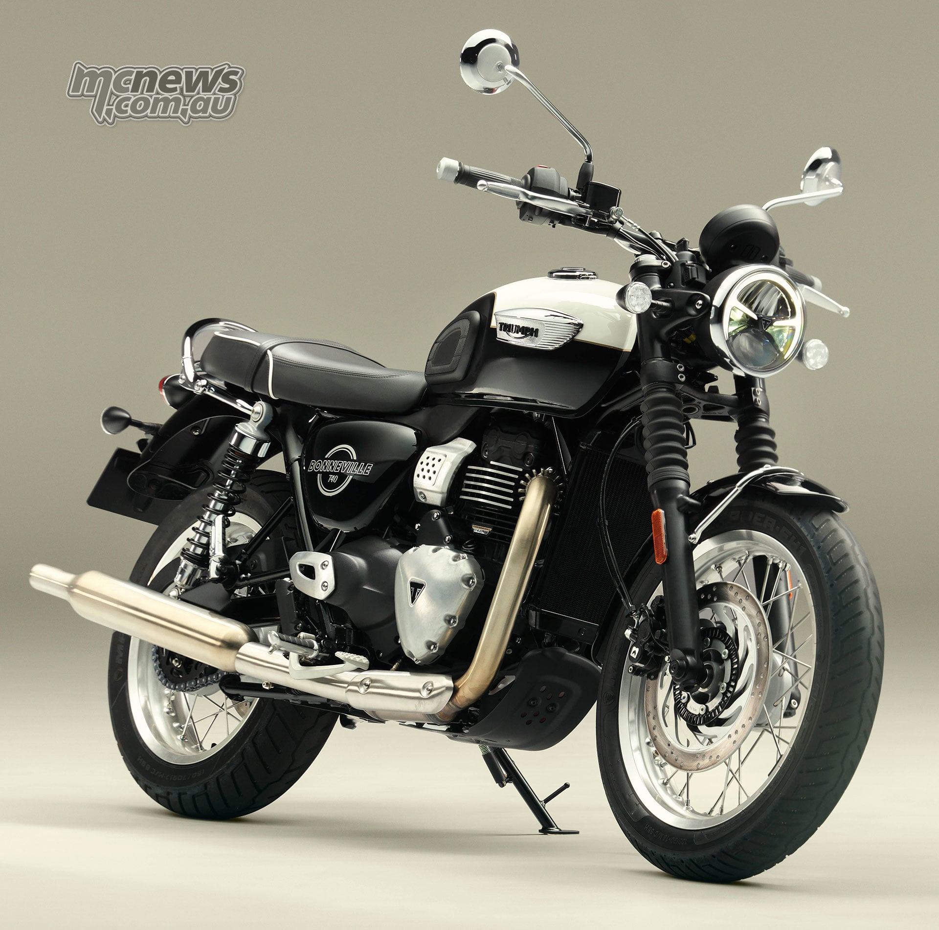 2027 Triumph Bonneville T40 close front three-quarter studio view