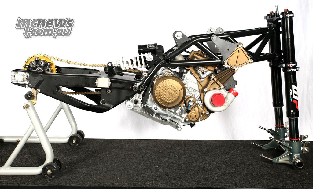Bare WMC Mono RR chassis showing the Yamaha engine, supercharger and low-mounted rear shock.
