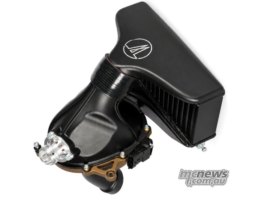 Assembled intercooler, WMC-branded black plenum and intake trumpet on a white background.