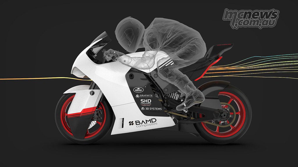 Computer illustration of the Mono RR and a transparent tucked rider with airflow lines emerging at the rear.